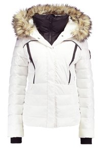 Bílá péřová bunda s černým vnitřním podšívkou, lemováním kapuce z umělé kožešiny, kapsami na zip a kontrastními černými akcenty na ramenech.