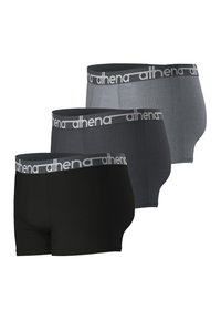 Trois paires de boxers en noir, gris foncé et gris clair, présentant une texture lisse et une ceinture élastique avec la marque "athena".
