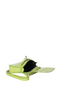 Borsa a tracolla in pelle verde con una texture liscia, chiusura con clip e tracolla rimovibile. L'interno è nero e presenta un singolo scomparto.