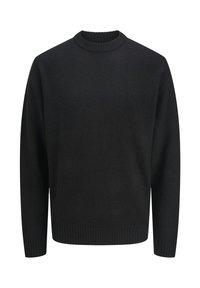 Svart genser laget av mykt materiale, med rillede rund hals, lange ermer og en avslappet passform med rillede mansjetter og kant.