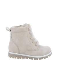 Stivaletto in pelle beige con finitura testurizzata, chiusura con lacci e occhielli in metallo, e suola in gomma crema con un motivo a rilievo.
