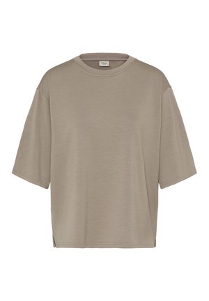 Tricou taupe supradimensionat cu mâneci scurte și decolteu rotund, cu tiv drept și tăieturi laterale mici, realizat din țesătură moale.