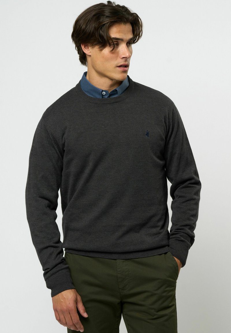 Tumši pelēks džemperis ar apaļu kakla izgriezumu, ribotām piedurknēm un apakšmalu. Uz krūtīm ir neliels logos, un tas ir uzvilkts uz zila kreklu ar apkakli.