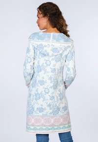 Blumenmuster-Hoodie in Hellblau und Creme, mit einer Kapuze mit Kordelzug, langen Ärmeln und einem gemusterten Saum in Rosa und Türkis.