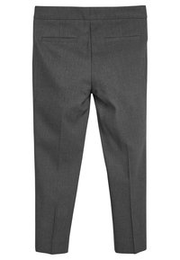 Pantaloni grigi su misura, tessuto a trama, vestibilità slim, due tasche posteriori, texture liscia, con gamba leggermente affusolata.