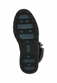 Suola di stivale nera con motivi in gomma testurizzati, profonde scanalature e due impugnature blu accentuate. Taglia 37 contrassegnata sul lato.