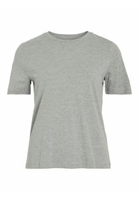 T-shirt in cotone grigio chiaro a maniche corte con scollatura rotonda, esposto su uno sfondo bianco.
