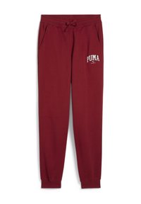 Bordové tepláky vyrobené z jemného materiálu, s elastickým pásom a šnúrkou, bočnými vreckami a bielym logom PUMA na prednej strane.