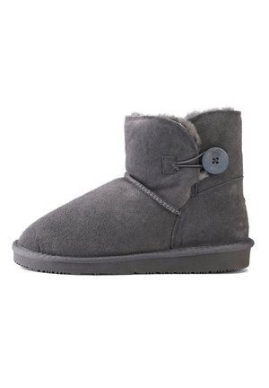 Grau Wildleder Knöchelschuh mit runder Spitze, Fleece-Futter und einer dekorativen Knopfverschlusseite. Strukturiertes Gummisohle für besseren Halt.