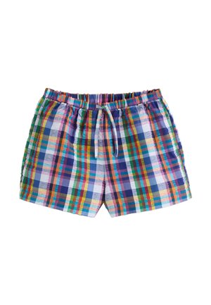 Viacfarebné kárované šortky s elastickým pásom a sťahovacou šnúrkou, s motívom modrých, zelených, červených a bielych štvorcov.