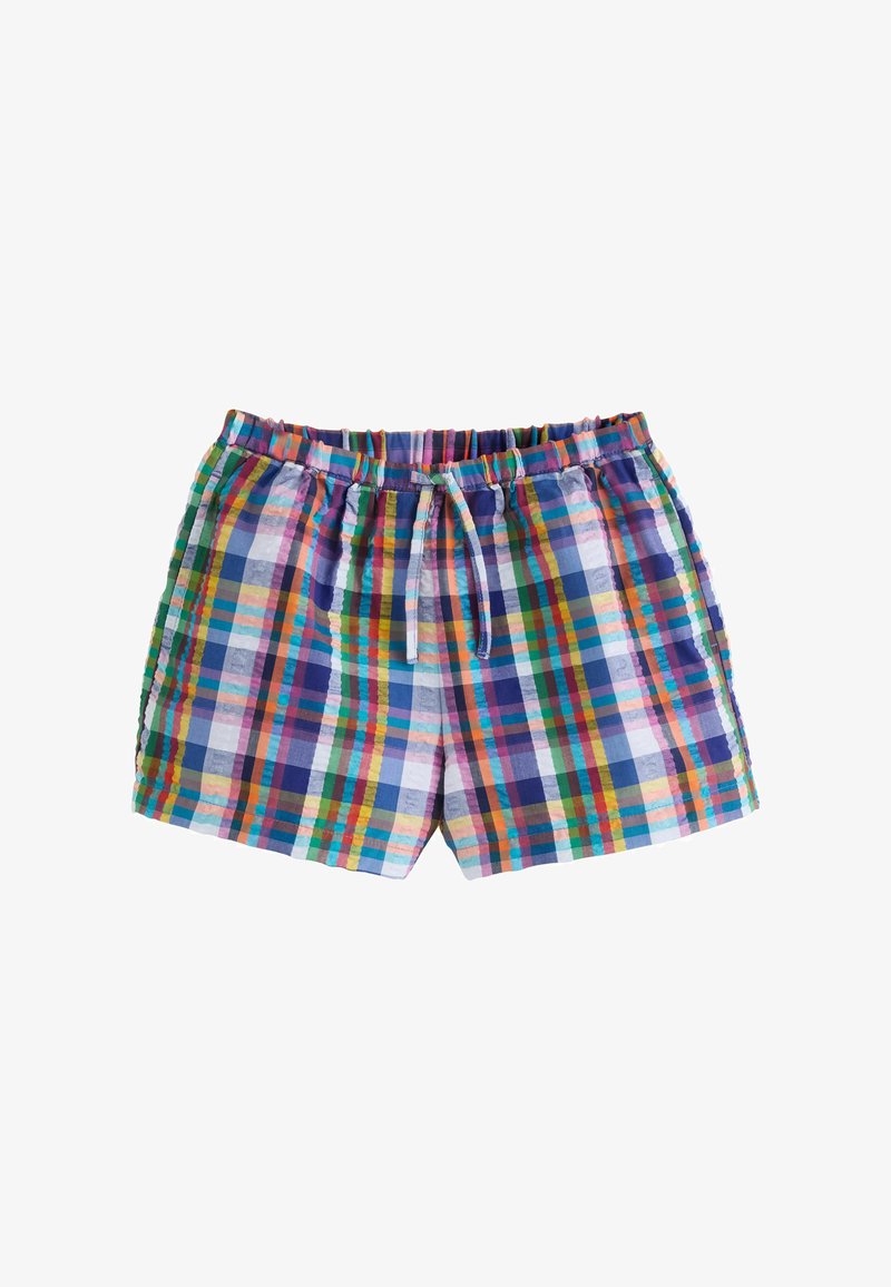 Shorts à carreaux multicolores avec taille élastique et cordon, présentant un motif de carrés bleu, vert, rouge et blanc.
