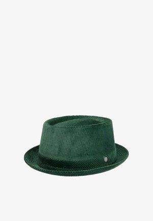 Dark green corduroy fedora hat with a short brim and a small round metallic logo on the side.