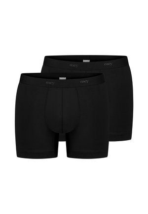 Zwei schwarze Herrenboxershorts mit breitem Bund und konturierter Fronttasche, dargestellt vor weißem Hintergrund.