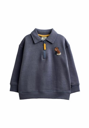 Dark gray children's pullover with a quarter zipper and small brown bear embroidery on the chest left side.