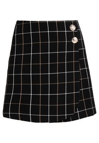 Sort plaid nederdel med hvid og brun ternet mønster, featuring et omslag design og to dekorerende gyldne knapper foran.