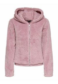 Różowa bluza z zamkiem na sztucznym futerku o miękkiej fakturze, z kapturem i ściągaczem u dołu. Posiada długie rękawy i centralny zamek błyskawiczny do zapinania.