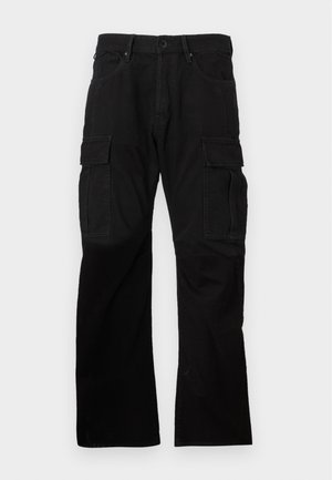 Black cargo pants with a straight leg design, featuring two side pockets, belt loops, and a button closure at the waist. Cotton fabric.