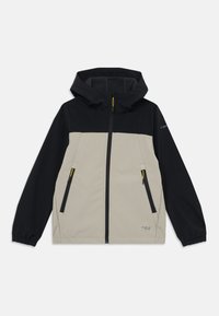 Giacca con cappuccio beige e nera, con tasche con zip, polsini elasticizzati e un tessuto liscio e resistente dal design moderno.