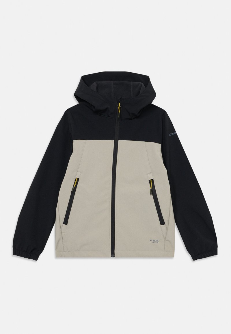 Giacca con cappuccio beige e nera, con tasche con zip, polsini elasticizzati e un tessuto liscio e resistente dal design moderno.