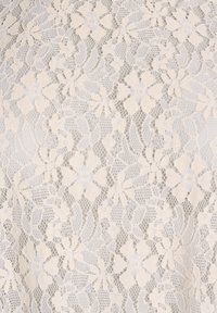 Bežs ziedu mežģīņu audums ar sarežģītām lapu un ziedu rakstām uz caurspīdīga sieta fona.