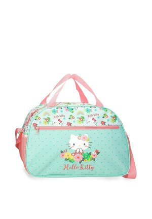 Bolsa tipo duffel Hello Kitty color verde menta con asas rosas, patrones florales y de arcoíris, bolsillo delantero con cremallera y personaje de Hello Kitty con flores.