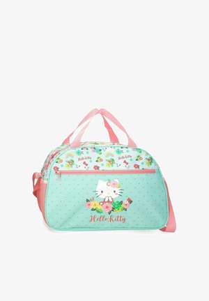 Bolsa tipo duffel Hello Kitty color verde menta con asas rosas, patrones florales y de arcoíris, bolsillo delantero con cremallera y personaje de Hello Kitty con flores.