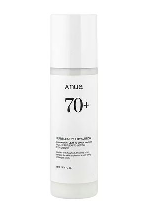 Weiße Pumpflasche Anua Heartleaf 70+ Hyaluron Tageslotion, 200 ml, zur Hydratation der Haut mit nicht klebrigem, leichtem Finish.