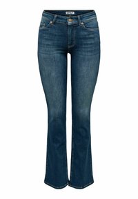 Granatowe jeansy rozszerzane z zamkiem błyskawicznym i zapi�ęciem na guzik, podkreślające wzór z pięcioma kieszeniami oraz lekko wyblakłą teksturę na udach.