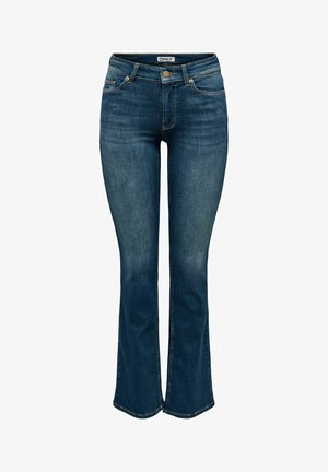 Mørkeblå udvidede jeans med lynlåslukning og knaplukning, der fremhæver design med fem lommer og en let falmet tekstur på lårene.