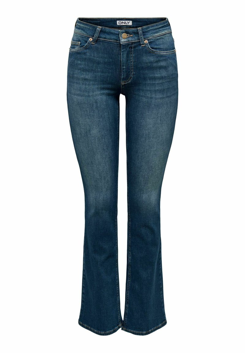 Granatowe jeansy rozszerzane z zamkiem błyskawicznym i zapięciem na guzik, podkreślające wzór z pięcioma kieszeniami oraz lekko wyblakłą teksturę na udach.