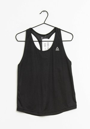 Débardeur de sport noir Reebok sans manches avec style dos nageur, suspendu sur un cintre noir contre un fond blanc.