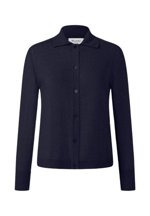 Cardigan bleu marine à manches longues avec devant boutonné et col classique, poignets et ourlet côtelés, confectionné en tissu tricoté fin.