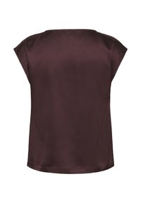 Dámská saténová bezrukávová blůza v tmavě burgundské barvě, s kulatým výstřihem a rovním lemem.