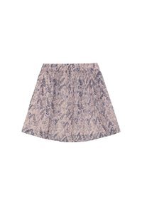 Blomsterprint nederdel med elastisk talje, lavet af pastelfarvet lyserødt stof prydet med blå og lavendel blomster, let og luftigt design.