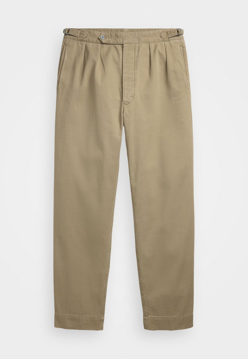 Beige skládací kalhoty vyrobené z lehkého materiálu, s knoflíkovým zapínáním a ohrnutými manžetami. Hladký povrch s čistými liniemi.