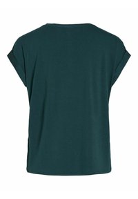 Tealfärgad t-shirt med kort ärm, avslappnad passform, rundad halsringning och vikta ärmslut. Mjuk, slät tyg med en enkel struktur.