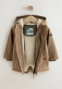 Brown waterproof jacket with a shearling lining, hood, and front snap closures. Features a light blue trim and a side pocket.
