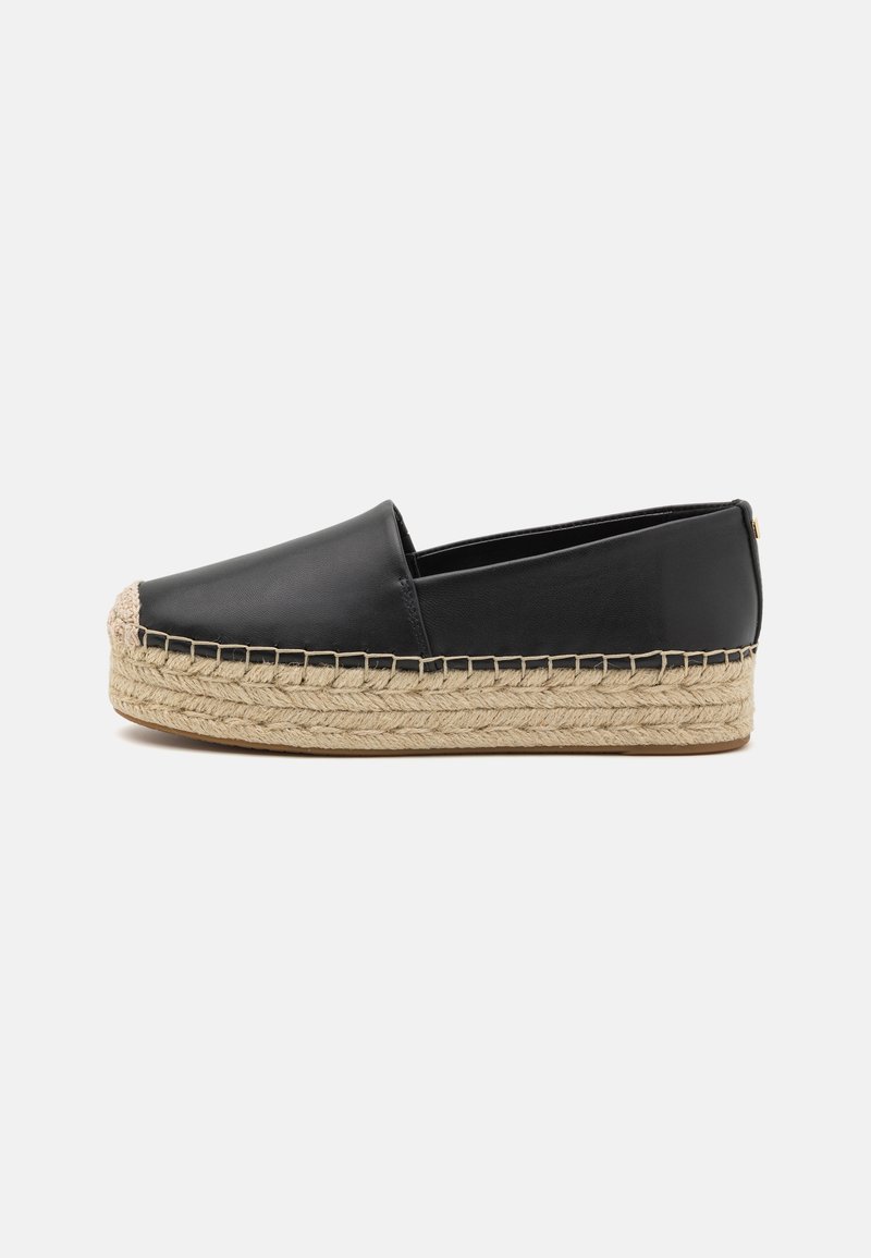 Sorte læder espadrille sko med en vævet jutesål. Glat overflade med en rund tå og en dekorativ stikning.