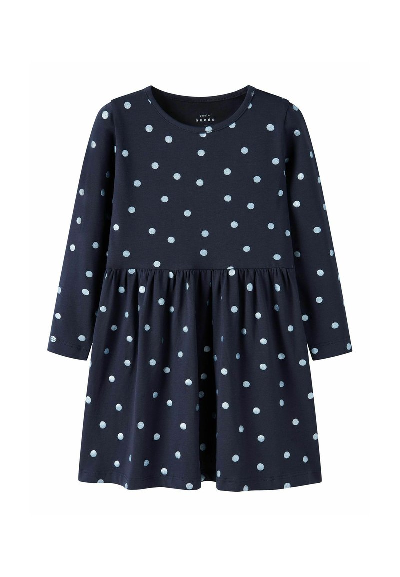 Granatowa sukienka z długim rękawem w jasnoniebieskie kropki, z okrągłym dekoltem, marszczonym pasem i rozkloszowanym dołem. Wykonana z miękkiej bawełny.