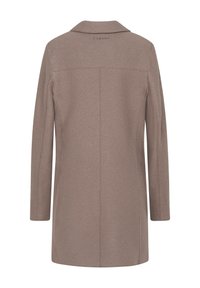 Brauner, mittellanger Mantel mit einem Reverskragen. Er zeichnet sich durch gerade Linien, ein sauberes Design und subtile Nähte entlang des Rückens aus.