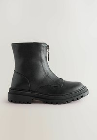Schwarze Ankle-Boots aus Kunstleder mit Reißverschluss, runder Zehenpartie, dicker Sohle mit Profil und gesteppten Akzenten für Langlebigkeit.