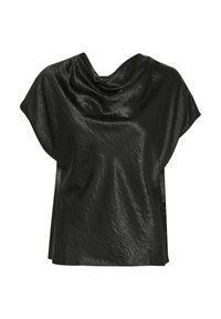 Černý top s cowl výstřihem, vyrobený z texturovaného lesklého materiálu. Má široké krátké rukávy a otevřený boční design.