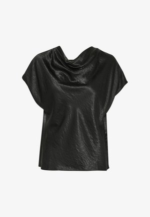 Czarny top z dekoltem w kształcie kaptura, wykonany z teksturowanego, błyszczącego materiału. Posiada szerokie krótkie rękawy oraz otwarty bok.