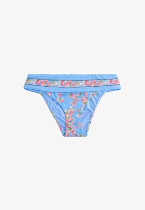 Sinised bikiinipõhjad roosa kirsiõie mustriga ja lai vöökohaga, millel on sobiv lillemustriline kujundus.