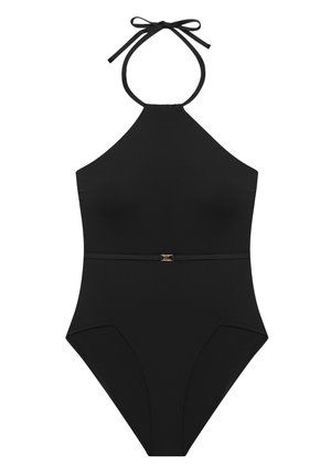 Melns viengabala peldkostīms ar haltera kakla siksnu, tievu jostu un nelielu zelta sprādzi viduklī.