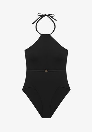 Maillot de bain une pièce noir à dos halter avec une fine ceinture et un petit détail de boucle dorée à la taille.