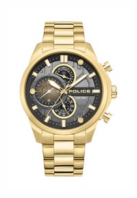 Kronografska ura zlato-rumene barve s črnim in zlatim številčnico, ki ima več podštevilčnic, izrazite oznake ur in zapestnico iz kovinskih členov.