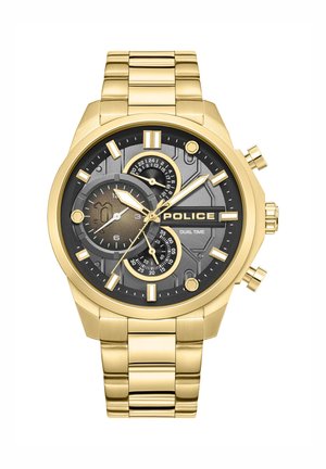 Chronograph-Uhr in Goldoptik mit einem schwarzen und goldenen Zifferblatt, ausgestattet mit mehreren Hilfszifferblättern, markanten Stundenmarkierungen und einem Metallgliederarmband.