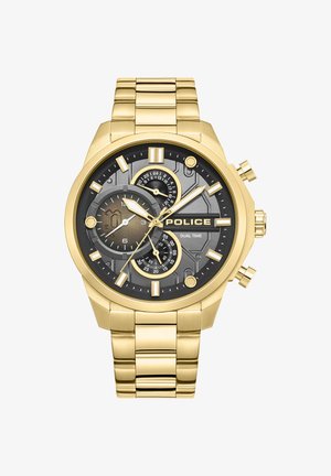 Chronograph-Uhr in Goldoptik mit einem schwarzen und goldenen Zifferblatt, ausgestattet mit mehreren Hilfszifferblättern, markanten Stundenmarkierungen und einem Metallgliederarmband.