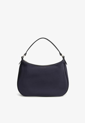 Borsa a tracolla in pelle blu navy con manico nero e chiusura con cerniera, design minimalista e piccolo logo dorato sul davanti.